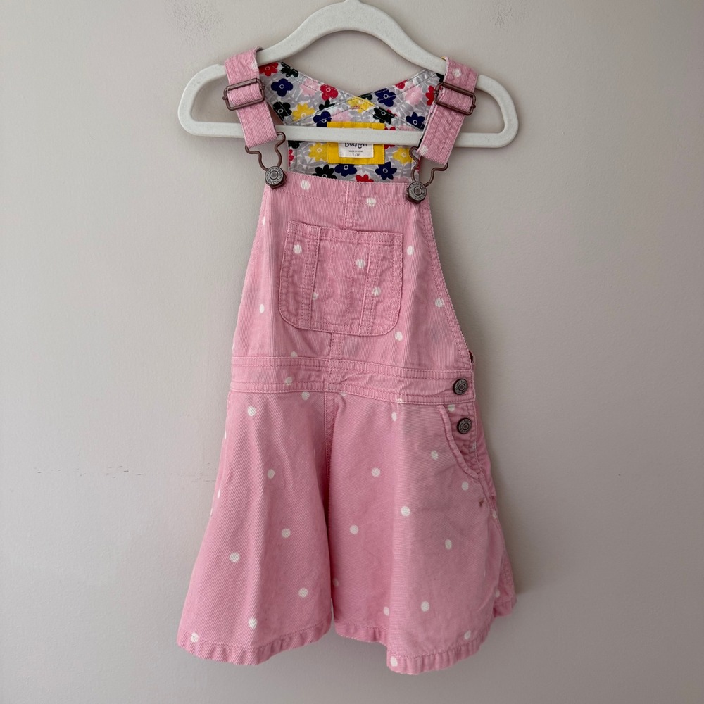 Mini Boden Pink Polka Dot Corduroy Pinafore Dress Girls Size 2-3Y Floral Lined